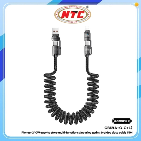 Cáp sạc lò xo đa năng 2in2 Remax CB12 Công suất 240W dài 1.5M (Đen)