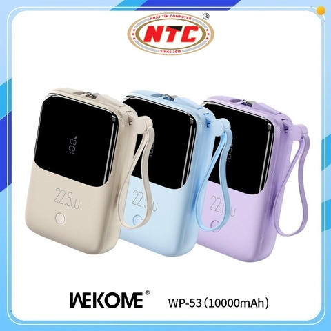 Pin dự phòng WEKOME WP-53 10000mAh USB QC 3.0 22.5W, TypeC PD 20W, Kèm 2 cáp sạc, Có 3C, Cell Pin Li-ion 21700