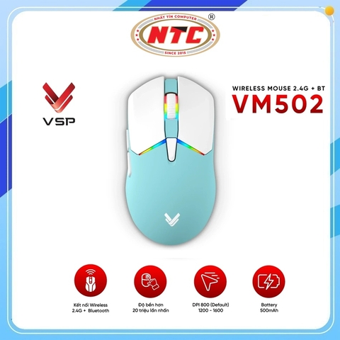 Chuột Không Dây Wireless kiêm Bluetooth siêu nhẹ VSP VM502 DPI 10000 siêu nhạy, Led RGB cực đẹp (Đen)