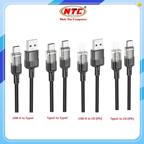 Cáp sạc nhanh Hoco U129 C to C 60W / C to LN 27W / USB-A to C 3A / USB-A to LN 2.4A, dài 1.2M (màu Random)