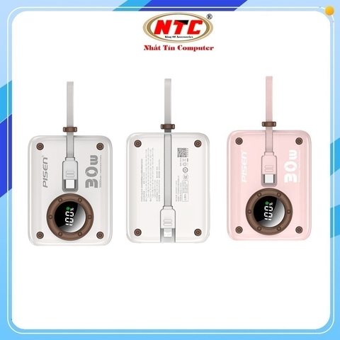 Pin dự phòng mini Pisen TS-D373 10.000mAh lõi Li-ion 21700, Kèm 2 cáp sạc TypeC In/Out 30W và Lightning