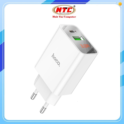 Cốc sạc 2 cổng Hoco C100A USB QC 3.0 18W và TypeC PD 20W, LCD hiển thị điện áp (Trắng)