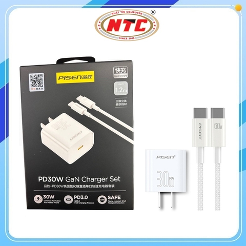 Bộ sạc nhanh Pisen CYE-C15 TypeC to TypeC 30W, Cáp bọc dù, Công nghệ GaN, hỗ trợ PD3.0 / QC4.0+ / FCP / ACP/ Protocol (Trắng)
