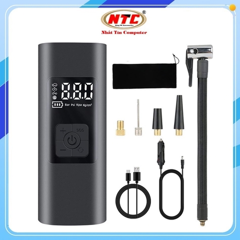 Bơm lốp ô tô, xe máy không dây Phantom D2 vỏ kim loại, tự ngắt, kiêm sạc dự phòng 6000mAh (Đen)