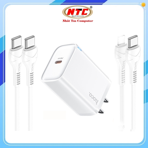 Bộ sạc nhanh Hoco DMC10 TypeC PD/QC 30W, PPS 33W, Có đèn báo sạc, kèm cáp C to C / C to Lightning (Trắng)