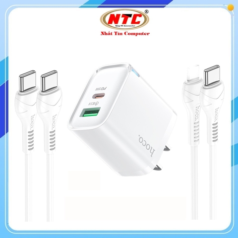 Bộ sạc nhanh 2 cổng Hoco DMC9 TypeC PD 20W và QC3.0 18W, Có đèn báo sạc, kèm cáp C to C / C to Lightning (Trắng)