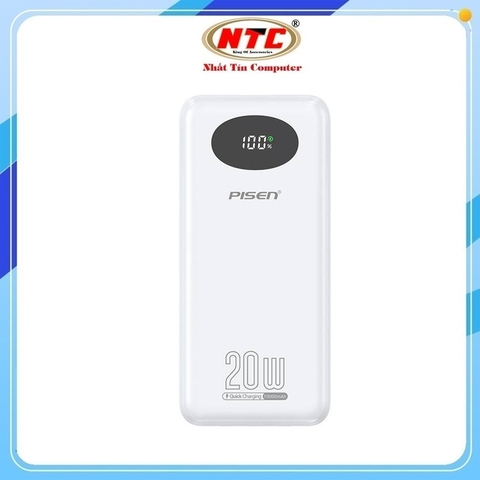 Pin dự phòng Pisen TS-D342A 10.000mAh TypeC PD 20W, USB-A QC 18W, Kèm 4 cáp sạc, Màn hình LCD (Trắng)
