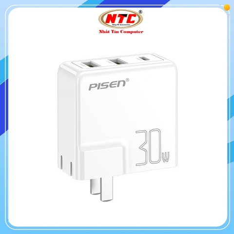 Cốc sạc nhanh 3 cổng Pisen LH-C13 2 cổng USB-A và 1 cổng PD TypeC max 30W (Trắng)