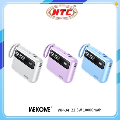 Pin dự phòng WEKOME WP-34 10000mAh USB QC 3.0 22.5W, TypeC PD 20W, Kèm 2 cáp sạc