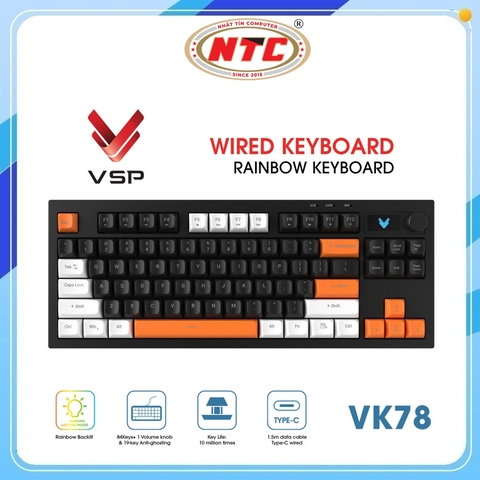 Bàn phím Gaming có dây VSP VK78 84 phím, núm điều chỉnh âm lượng, hỗ trợ Anti-ghosting 19 phím (Đen)