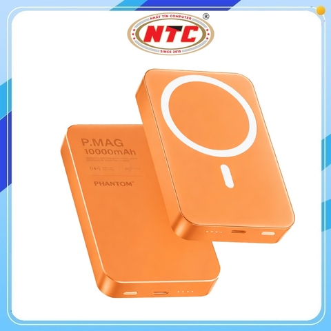 Pin dự phòng không dây PHANTOM P66W 10000mAh Sạc Magsafe 15W / TypeC PD 20W, Có 3C, Vỏ hợp kim nguyên khối (Cam)