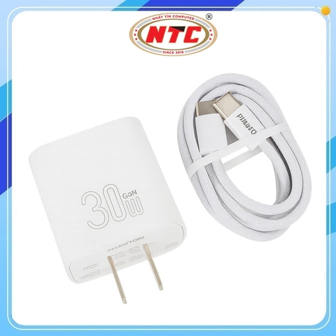 Bộ sạc nhanh Phantom PT6 TypeC to TypeC PD 30W, công nghệ GaN, Cáp dù dài 1M (Trắng)