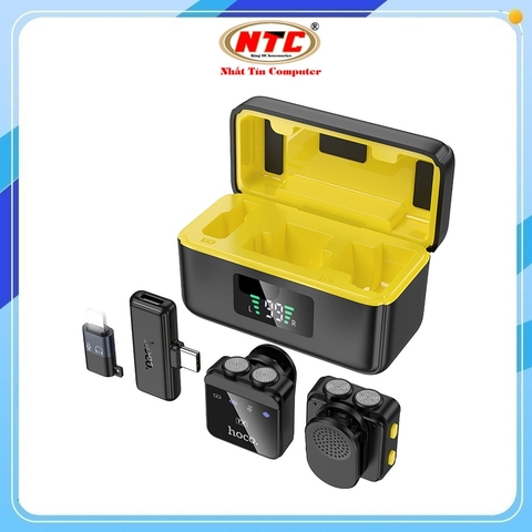 Bộ 2 Microphone Live-Stream không dây Hoco L17 cổng TypeC kèm đầu chuyển sang LN, Dock hiển thị Pin (Đen)