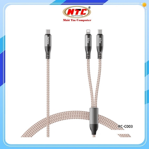 Cáp sạc nhanh đa đăng 2in1 Remax RC-C003 TypeC to TypeC & LN max 65W, dài 1.2M, đèn Led đổi màu (Xám)