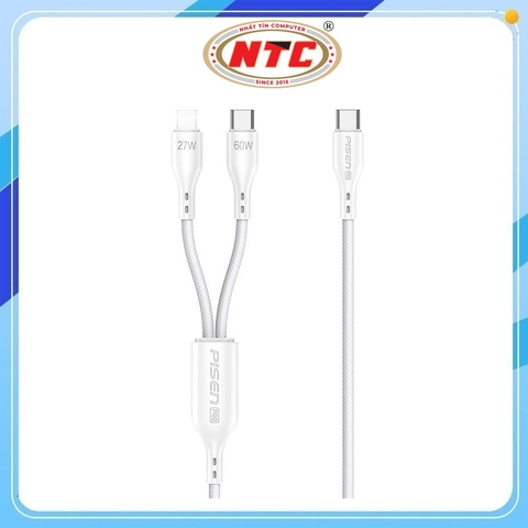 Cáp sạc nhanh 2in1 Pisen Pro AP28-1200 TypeC to Lightning 27W, TypeC to TypeC 60W, Dây dù dài 1.2M (Trắng)