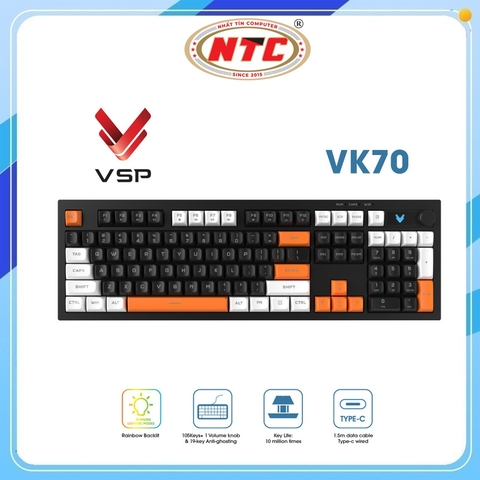 Bàn phím Gaming có dây VSP VK70 105 phím, núm điều chỉnh âm lượng, hỗ trợ Anti-ghosting 19 phím (Đen)