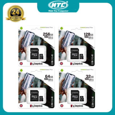 Thẻ nhớ microSDHC Kingston 32GB / 64GB / 128GB / 256GB Canvas Select Plus U1 V10 A1 100MB/s - Kèm Adapter (Đen)