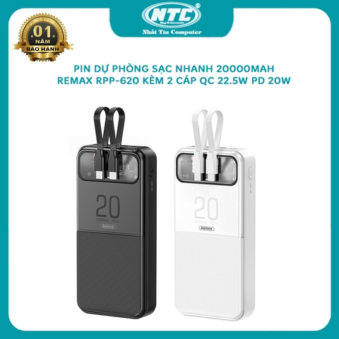 Pin dự phòng sạc nhanh Remax RPP-620 STERVUI 20000mAh tích hợp 2 cáp - hỗ trợ QC 22.5W và PD 20W (2 màu)