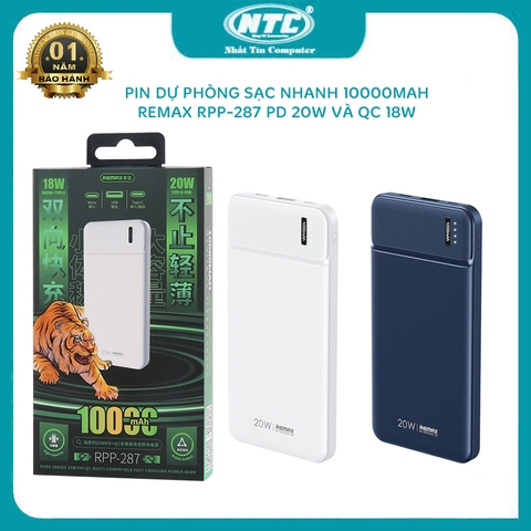 Pin dự phòng sạc nhanh Remax RPP-287 Pure Series 10000mAh an toàn đi máy bay - hỗ trợ QC 18W và PD 20W (màu ngẫu nhiên)