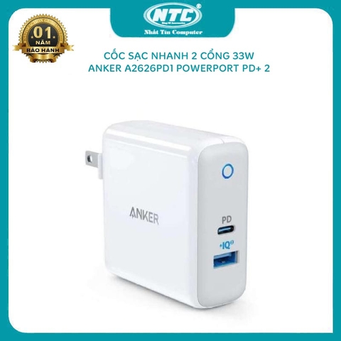 Cốc sạc nhanh 2 cổng Anker A2626PD1 PowerPort PD+ 2 hỗ trợ max 33W, cổng PD 18W (Trắng)