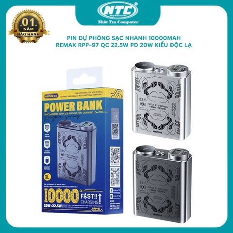Pin dự phòng sạc nhanh iphone 15 Remax RPP-97 siêu nhỏ 10000mAh vỏ hợp kim loại - USB QC 22.5W typeC PD 20W (2 màu)