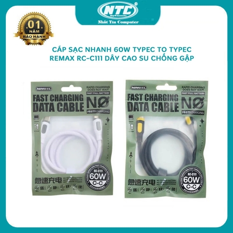 Cáp sạc nhanh 60W Remax RC-C111 Ruinay Series TypeC to TypeC - dây cao su dài 1m chống gập gãy