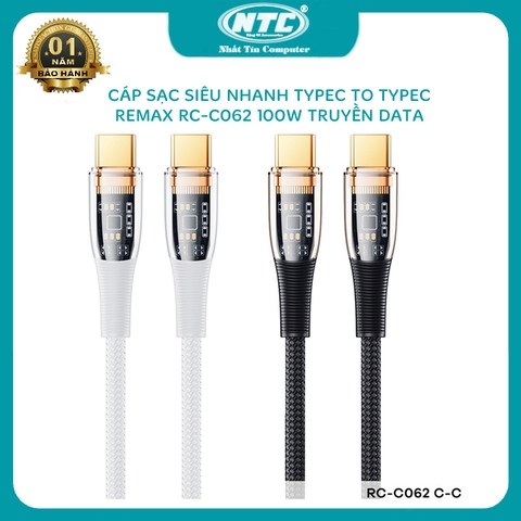 Cáp sạc siêu nhanh typeC to typeC Remax RC-C062 hỗ trợ PD 100W trong suốt - truyền data dài 1.2m (nhiều màu)