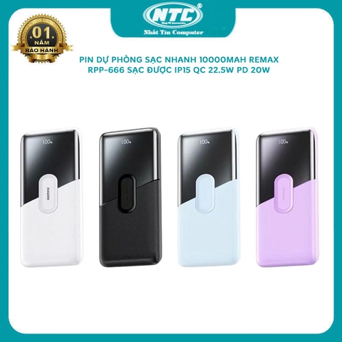Pin dự phòng sạc nhanh 10000mah Remax RPP-666 cổng typec in out - hỗ trợ QC 22.5W và PD 20W (xanh, tím, trắng, đen)
