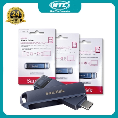USB OTG Ixpand SanDisk Phone Drive 2 đầu TypeC và Laining 256GB / 128GB / 64GB (Xanh ghi)