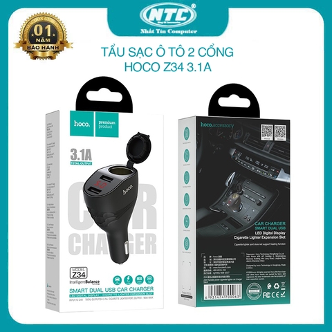 Tẩu sạc xe hơi ô tô Hoco Z34 tích hợp 2 cổng USB 3.1A và khe tẩu 96W - có màn hình LCD (nhiều màu)