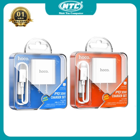 Bộ sạc 2 cổng Hoco C76 Pro USB QC 3.0 và PD 30W kèm cáp C to C / C to IP (Trắng) Nhất Tín Computer