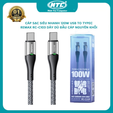 Cáp sạc siêu nhanh 100W Remax RC-C115 IntelyeleC TypeC to TypeC dài 1.2m - có đèn báo và tự ngắt sạc thông minh
