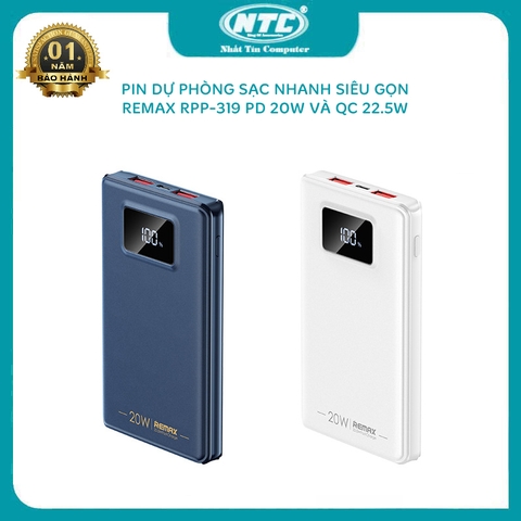 Pin dự phòng sạc nhanh Remax RPP-319 dung lượng 10000mAh QC 22.5W và PD 20W - tích hợp 1 input 3 output (màu ngẫu nhiên)