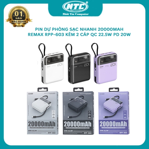 Pin dự phòng Remax RPP-603 20000mAh tích hợp 2 cáp sạc nhanh có sạc dòng thấp cho tai nghe AP - QC 22.5W và PD 20W (3 màu tuỳ chọn)