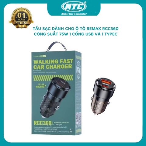 Tẩu sạc dành cho ô tô Remax RCC360 công suất 75W 1 cổng usb & 1 typec - vỏ trong suốt cyberpunk
