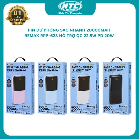 Pin dự phòng sạc nhanh Remax RPP-623 Cynlle Series 20000mAh hỗ trợ 3 thiết bị cùng lúc - QC 22.5W và PD 20W (4 màu)