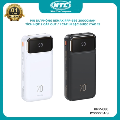 Pin dự phòng 20000mAh Remax RPP-686 sạc cho iphone 15 - tích hợp 2 cáp OUT, 1 cáp USB IN, 3 cổng sạc (2 màu) Nhất Tín Computer