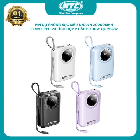 Pin dự phòng siêu nhanh Remax RPP-73 20000mah tích hợp 2 cáp, typec in out, sạc iphone 15, sạc laptop, PD 35W và QC 22.5W (4 màu)