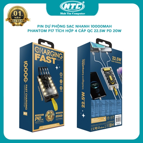 Pin dự phòng sạc nhanh PHANTOM P17 dung lượng 10000mAh tích hợp 4 cáp sạc - hỗ trợ QC 22.5 và PD 20W (2 màu)