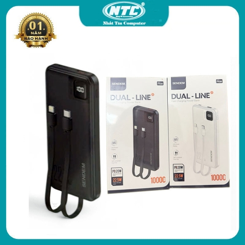 Sạc dự phòng Sendem PK88 10000mAh tích hợp 2 cáp sạc nhanh typec 22.5W & laining 20W - màn hình LCD % pin