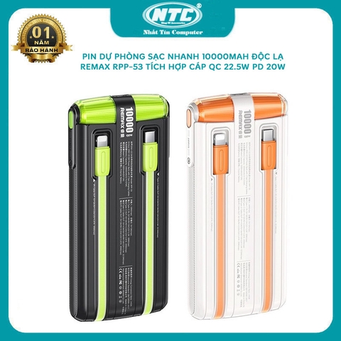 Pin dự phòng cho iphone 15 Remax RPP-53 10000mah siêu mỏng tích hợp 2 cáp sạc nhanh QC 22.5W PD 20W - cổng typec in out (2 màu)