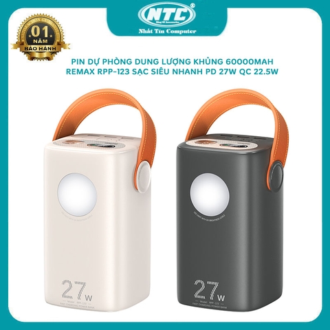Pin dự phòng 27W REMAX RPP-123 60000mah sạc nhanh iPhone 15, tích hợp 2 đèn pin, typec IN OUT, hỗ trợ PD 27W QC 22.5W (2 màu)