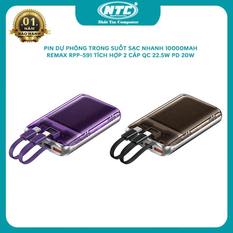 Pin dự phòng mini trong suốt Remax RPP-591 dung lượng 10000mAh tích hợp 2 cáp sạc nhanh - hỗ trợ QC 22.5W và PD 20W (2 màu)