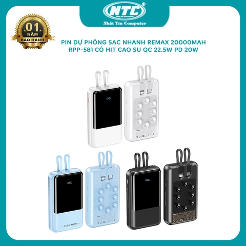 Pin dự phòng sạc nhanh Remax 20000mAh RPP-581 đế hít cao su và sạc iphone 15 - có 2 cáp QC 22.5W và PD 20W (3 màu)