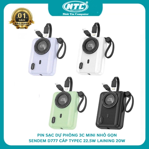 [CÓ CCC] Pin dự phòng mini SENDEM 3C-D777 10000nah 2 cáp sạc nhanh typeC 22.5W & laining 20W - LCD % PIN