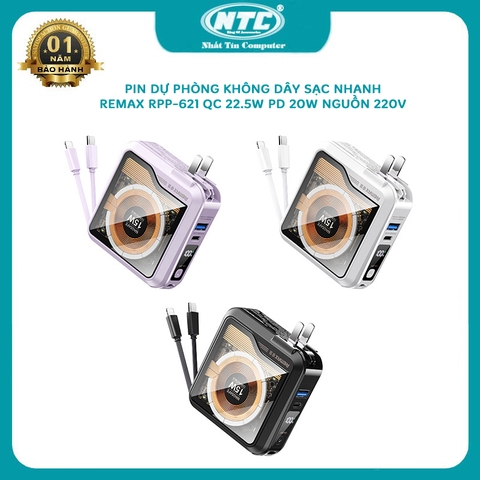 Pin dự phòng sạc nhanh Remax RPP-621 10000mAh sạc không dây 15W - QC 22.5w - PD 20W - chân cắm nguồn 220V - kiêm bộ sạc (3 màu)