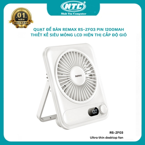 Quạt để bàn Remax RS-ZF03 pin 1200mAh thiết kế siêu mỏng có LED hiển thị cấp độ gió