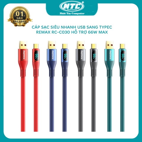 Cáp sạc siêu nhanh USB to typeC Remax RC-C030 hỗ trợ 66W có LCD báo dòng sạc - truyền data cáp dài 1.2m (nhiều màu)