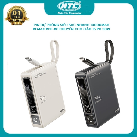 Pin dự phòng sạc siêu nhanh Remax RPP-86 10000mAh chuyên cho iphone 15 chuẩn PD 30W QC 22.5W - cổng và cáp typeC in/out (2 màu)