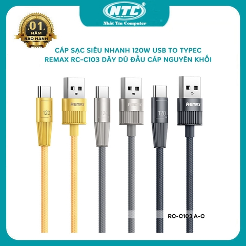 Cáp sạc siêu nhanh 120W Remax RC-C103 cổng USB to TYPEC dài 1m bọc dù - đầu hợp kim nguyên khối